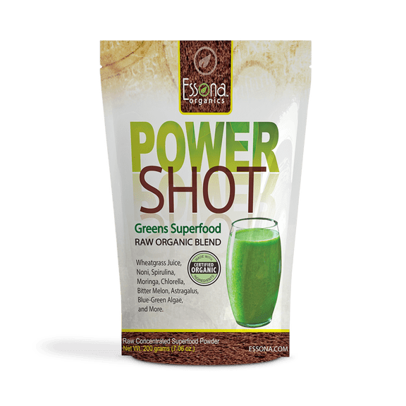 100 % PURE - Raw Organic Vegan - Power Shot Greens Superfood Blend - Spirulina, Chlorella, Wheat Grass, Kale, More! - 65 SERVINGS from Essona Organics, Powder - 200 gms. New Larger Size
