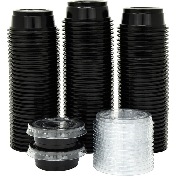 100 Sets - 0.5 oz. Black Jello Shot Cups with Lids | Small Plastic Containers with Lids | Sauce, Condiment, Disposable Portion Cups | Salad Dressing Container To Go