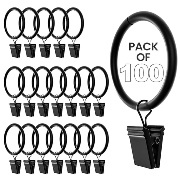 LANGSONGHONG 100 Pack 1.26 Inch Black Curtain Rings with Clips, Curtain Hangers Clips, for Drapes, Caps, Pictures