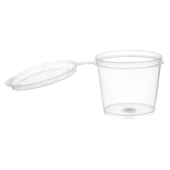 [100 Pack] 1 Oz Leak Proof Plastic Condiment Souffle Containers with Attached Lids - Portion Cup with Hinged Lid Perfect for Sauces, Samples, Slime, Jello Shot, Food Storage & More