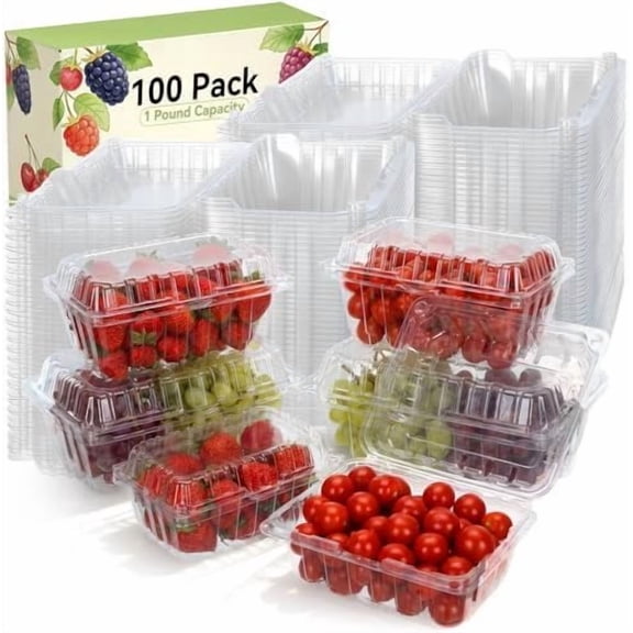 100 Pack 1 Pound Clear Plastic Berry Containers with Vented Clam Shell Produce Baskets for Fridge 7.1 x 4.7 x 2.4 Inch Fruit Storage Boxes for Strawberry, Grocery, Use