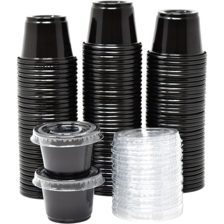 [100 Sets - 1 oz.] Black Jello Shot Cups with Lids | Small Plastic Containers with Lids | Sauce Cups, Condiment Cups, Disposable Portion Cups | Salad Dressing Container To Go