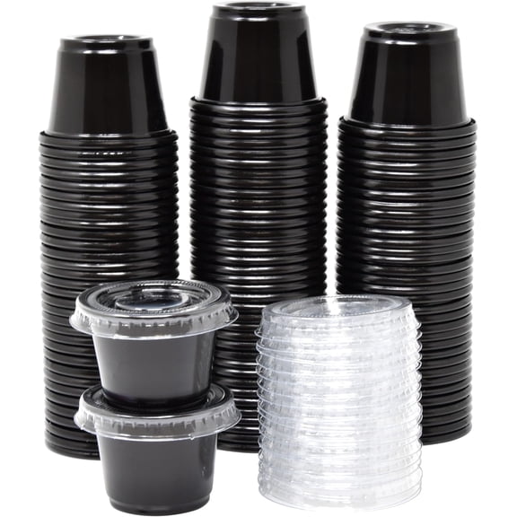 [100 Sets - 1 oz.] Black Jello Shot Cups with Lids | Small Plastic Containers with Lids | Sauce Cups, Condiment Cups, Disposable Portion Cups | Salad Dressing Container To Go
