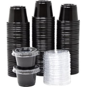 Small Plastic Containers with Lids Black 1 oz, 100 Sets Jello Shot Cups, Disposable Portion Cups, Condiment Containers, Souffle Cups for Sauce and Dressing