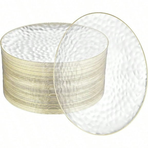 100 Pack 10 Inch Clear Plastic Plates For Wedding Hammered Gold Rimmed Sturdy Durable Gold Plastic Plates For Party Bulk Disposable Plates For Weddings