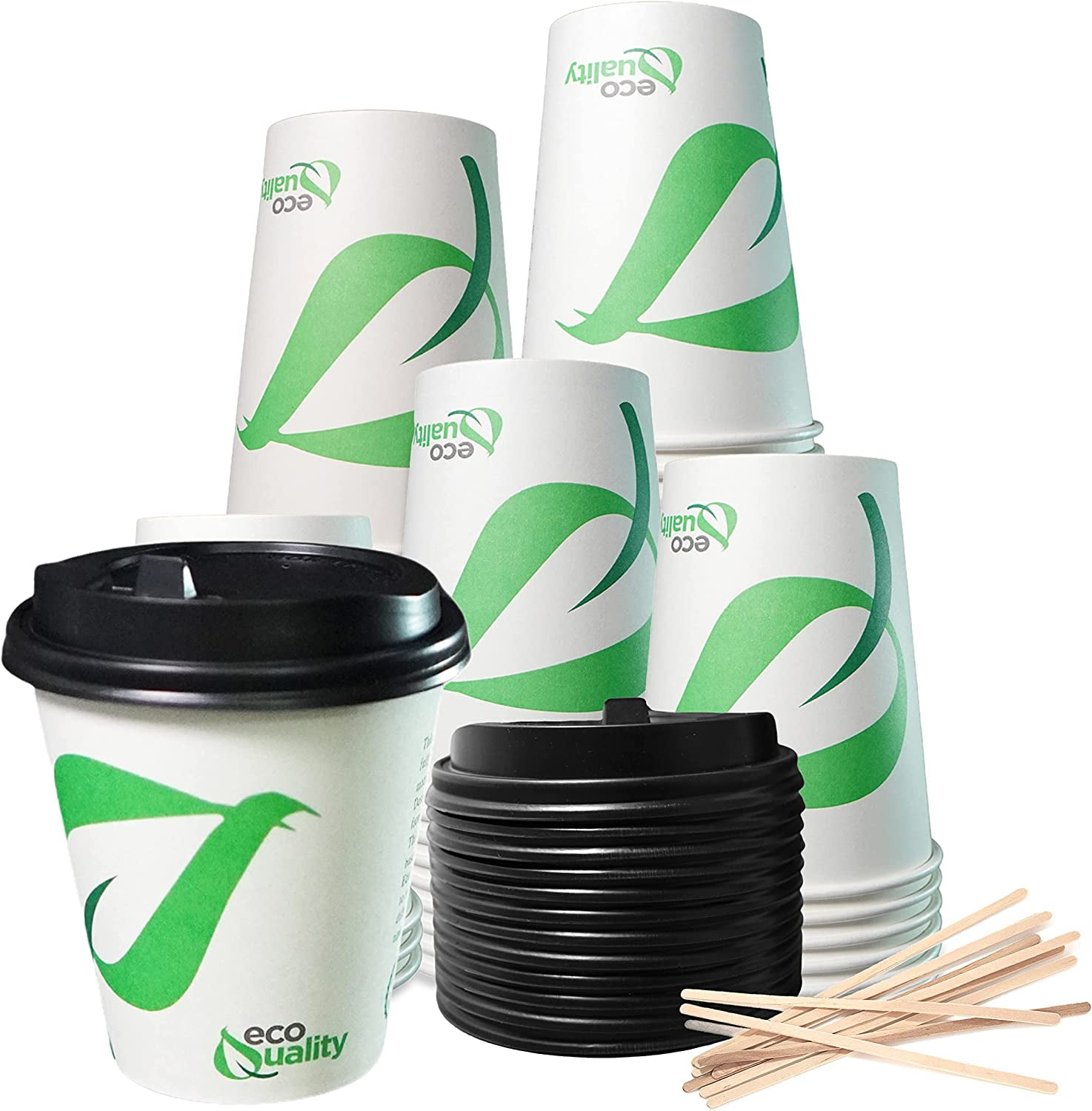 [100 Pack] 10 oz Compostable Paper Cups with Black Dome Lids and Wooden ...