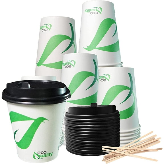 [100 Pack] 10 oz Compostable Paper Cups with Black Dome Lids and Wooden Stirrers - Biodegradable Disposable White Paper Coffee Cups PLA Lined - Eco-friendly Hot and Cold Drinking Cups