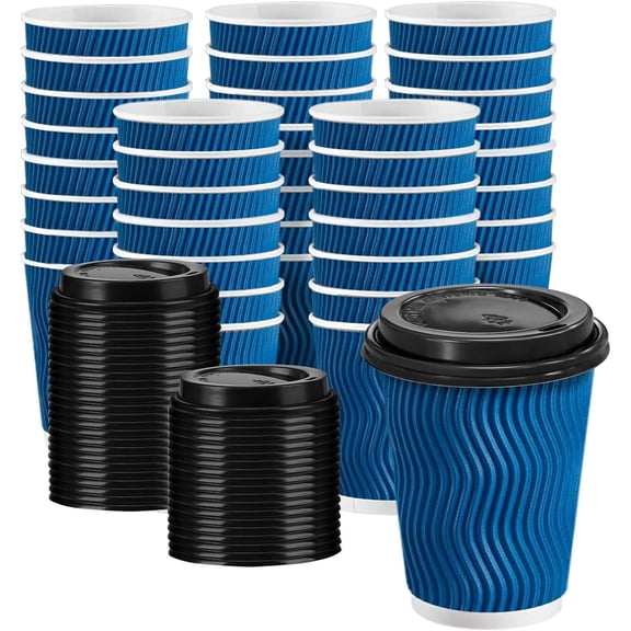100 Pack 10 oz Disposable Coffee Cups with Lids, Insulated Paper Hot Cups for Hot and Cold Beverages, To Go Coffee Cups, Navy Blue, Leak Resistant and Biodegradable