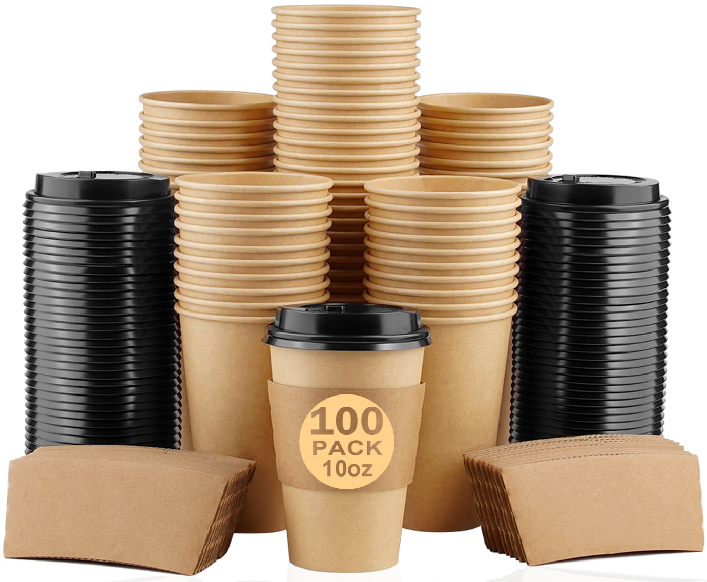 100 Pack 10 oz Paper Coffee Cups, Disposable Coffee Cups with Lids and Sleeves for Home and Cafes.