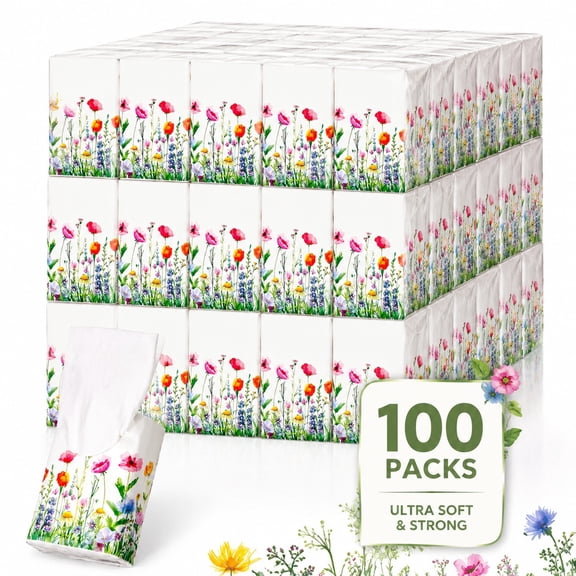 100 Pack (1000 Sheets) Individually Wrapped Mini Tissues - 3-Ply Soft Pocket Tissues with Wildflower Patterns, Compact Travel Packs for Parties, Picnics & On-the-Go Use
