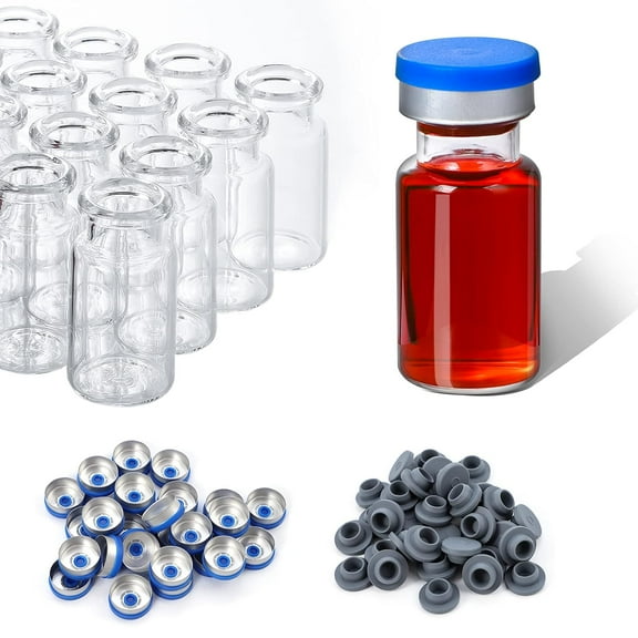 100 Pack 10ml Glass Vials, Clear Glass Headspace Vials with Plastic-Aluminum Flip Off Caps and Rubber Stoppers