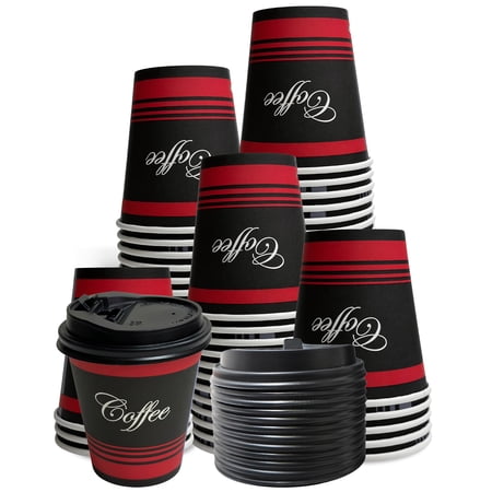 [100 Pack] 10oz Disposable Paper Coffee Cups with Black Dome Lids - For Hot, Cold Drink, Coffee, Tea, Cocoa, Travel, Office, Home, Cider, Hot Chocolate, To go, Compostable, Biodegradable