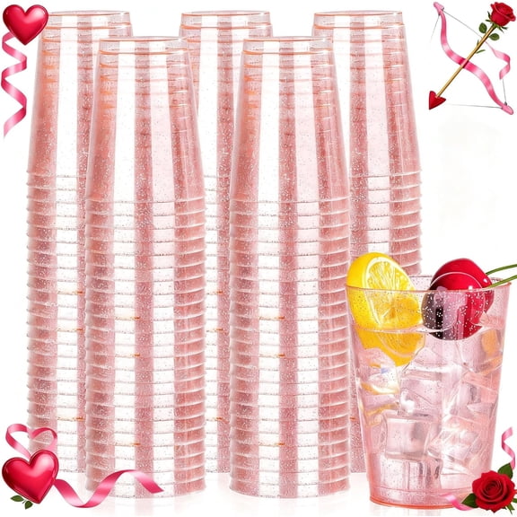 100 Pack 10oz Pink Plastic Cups for Party Premium Glitter Disposable Plastic Cup for Martini and Cocktail, Hard Pink Disposable Cups for Wedding,pink cups for Party Bridal Shower