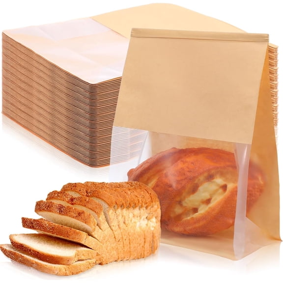 100 Pack 11.3"x8.7"x4.3" Large Paper Bread Bags with Tin Tie Tab Lock, Bread Bakery Packaging Bags with Clear Window for Homemade Bread, Sourdough Storage, Gifting & Bake Sale