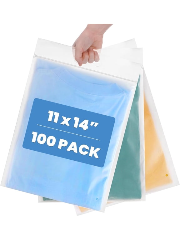 100 Pack 11 x 14 Inch Frosted T Shirt Bags with Handle and Zipper, Resealable Clear Shirt Packaging Bags for Clothes, Small Business