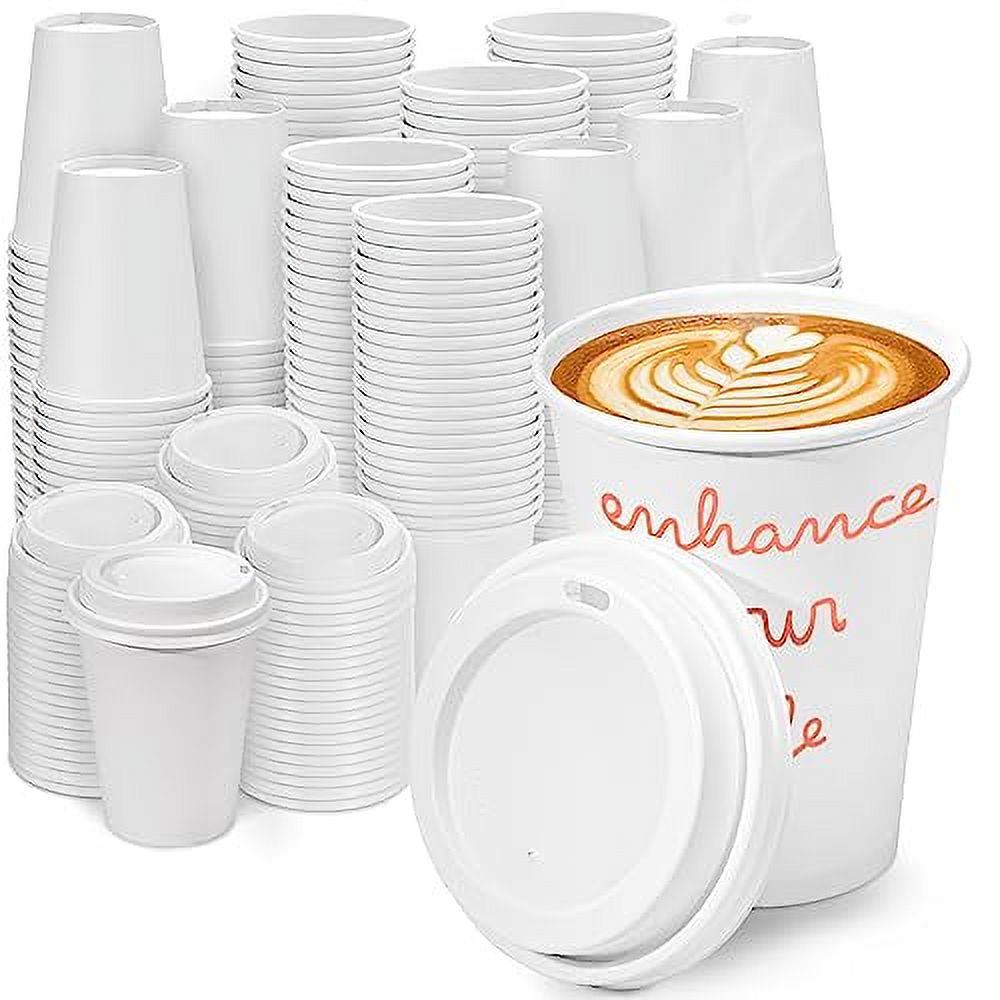 [100 Pack] 12 Oz Disposable Paper Coffee Cups with White Lids, To Go