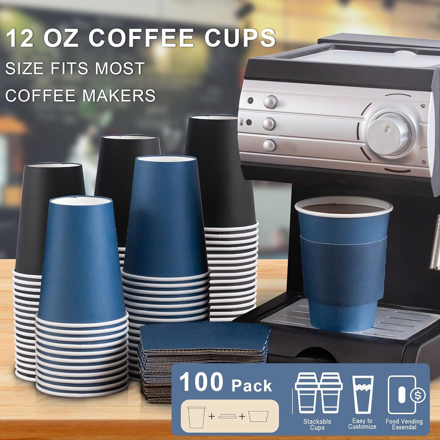 100 Pack 12 oz Coffee Cups with Lids, Disposable Paper Coffee Cups with ...