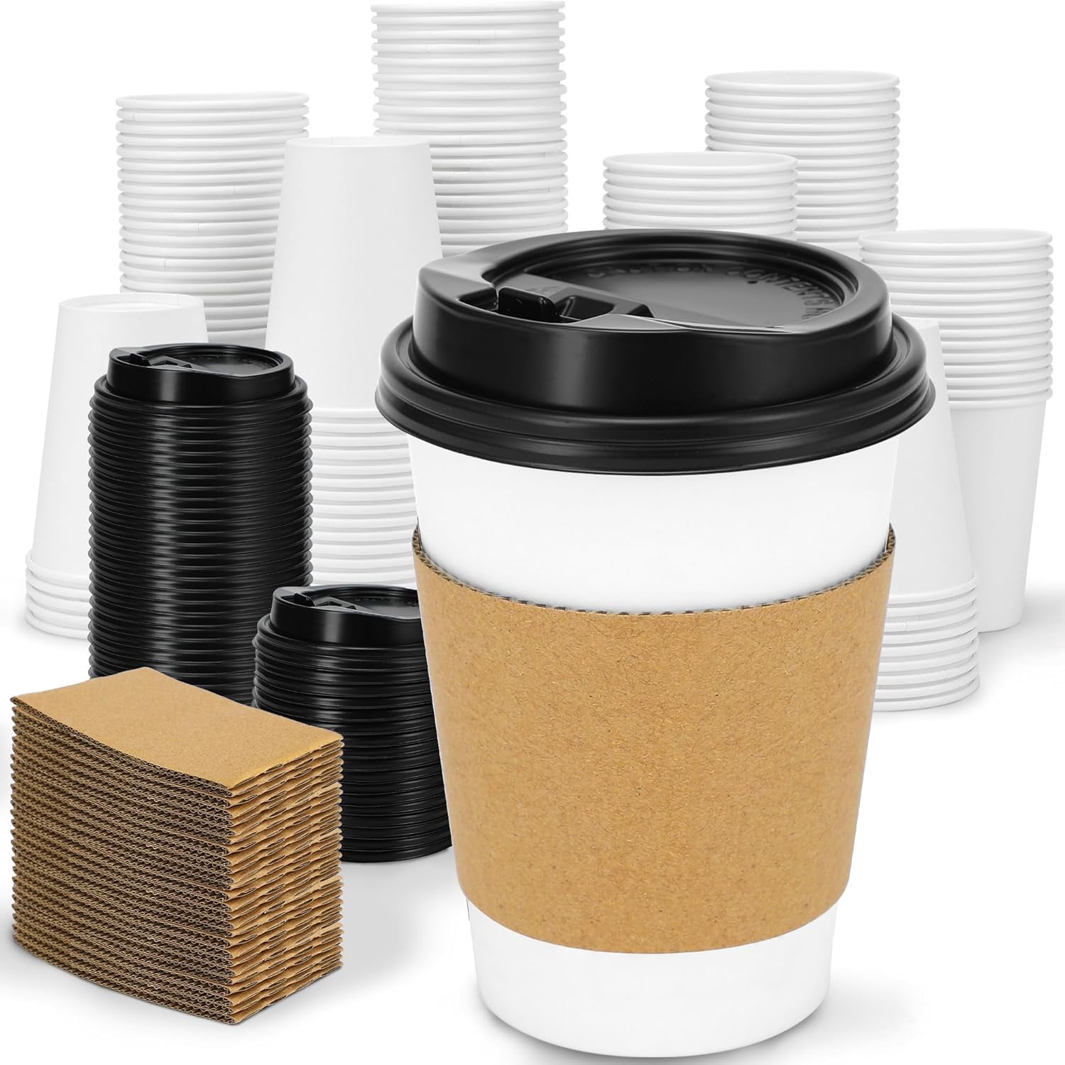 100 Pack 12 oz Disposable Coffee Cups with Lids and Insulated Sleeves ...