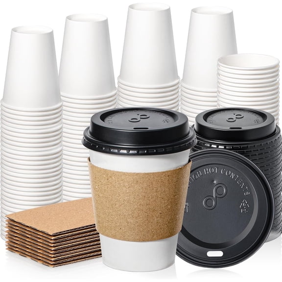 100 Pack 12 oz Disposable Coffee Cups with Lids, Sleeves, Leak-Proof To Go Coffee Cups with Lids, Durable Paper Cups for Hot Beverage, Home, Office, Party