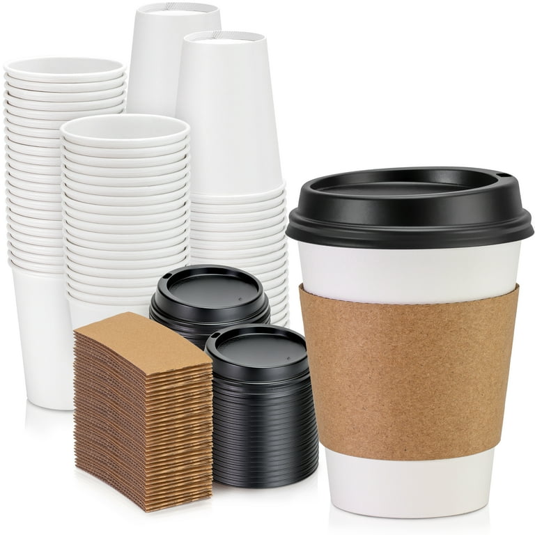 100 Pack] 12 oz Hot Beverage Disposable White Paper Coffee Cup with Black  Dome Lid and Kraft Sleeve Combo, Small Tall 