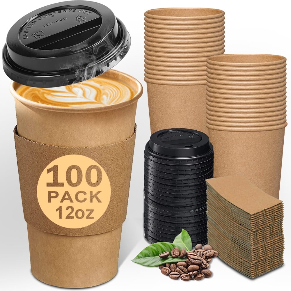 100 Pack 12 oz Paper Coffee Cups, Disposable Coffee Cups with Lids and Sleeves for Home and Cafes.