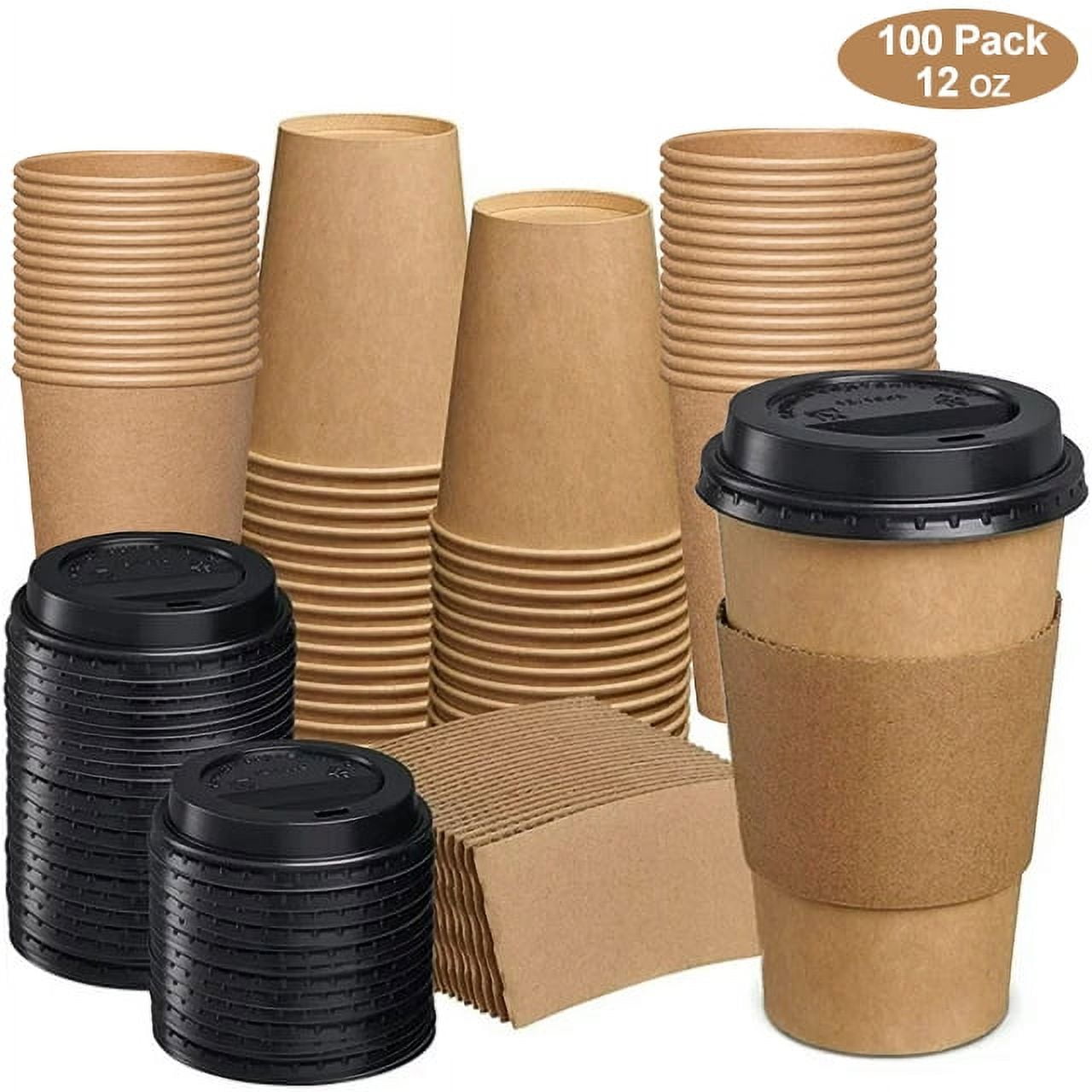 100 Pack 12 oz Paper Coffee Cups, Disposable Coffee Cups with Lids and ...