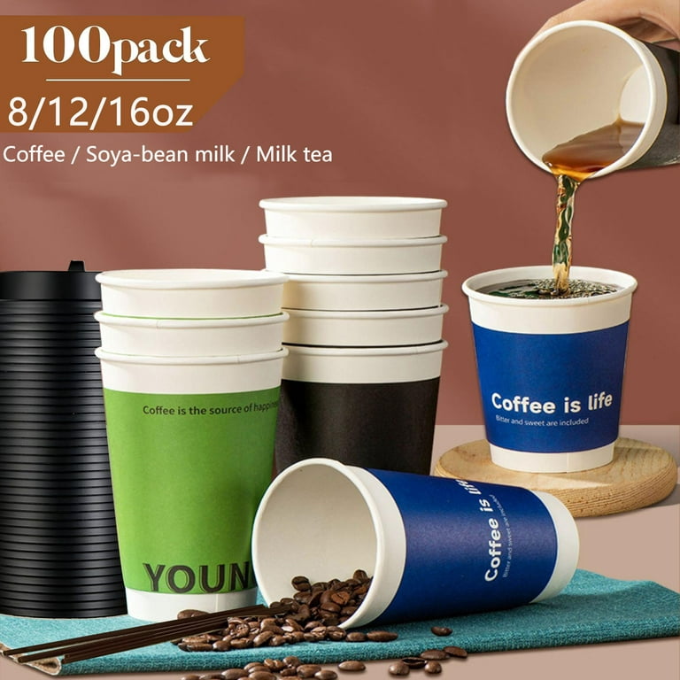 [100 Pack] 12oz Disposable White Paper Coffee Cups with Black Dome Lids and  Protective Corrugated Cup Sleeves - Perfect Disposable Travel Mug for