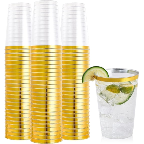 100 Pack 12 oz Rimmed Plastic Cups, 12 Ounce Clear Plastic Tumblers, Heavy-duty & Fancy Disposable Hard Cups with Rim for Wedding