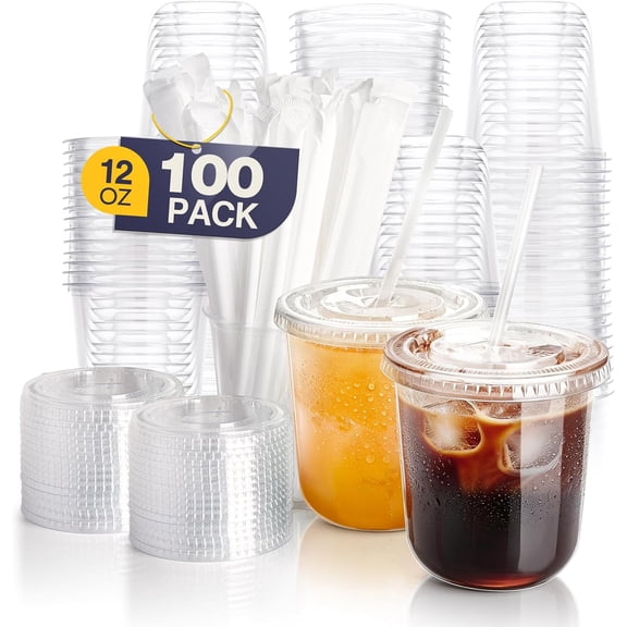 100 Pack 12 oz Round Bottom Clear Plastic Cups with Lids and Straws, Disposable Iced coffee cups with lids, BPA-Free To Go Cups for Smoothies, Party Drinks, Bubble Tea, Cold Beverage