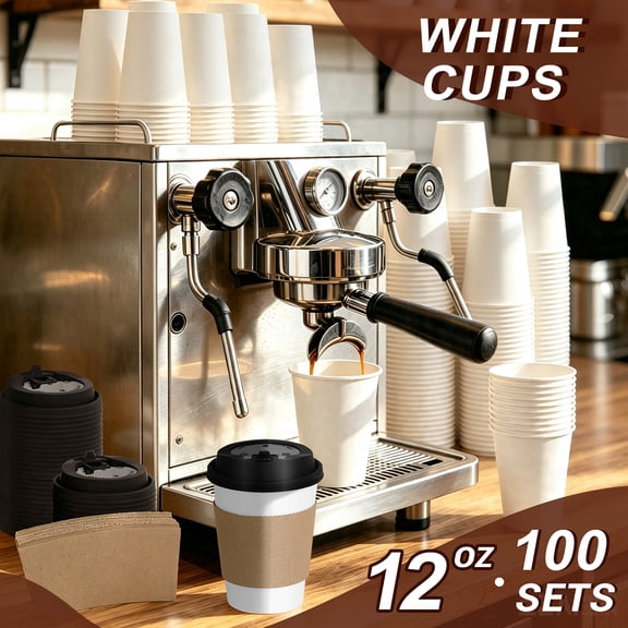 100 Pack 12 oz White Paper Coffee Cups with Black Lids & Sleeves, Disposable Hot Beverage Cups for Home Office Cafes