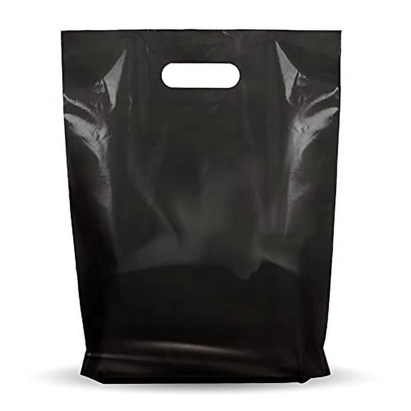 100 Pack 12" x 15" with 1.25 mil Thick Black Merchandise Plastic Glossy Retail Bags - Die Cut Handles - Perfect for Shopping, Party Favors, Birthdays, Children Parties - 100% Recyclable