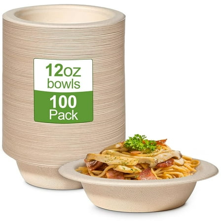100 Pack 12oz Disposable Paper Bowls,Compostable Bagasse Bowls,Small Biodegradable Heavy-Duty Bowls