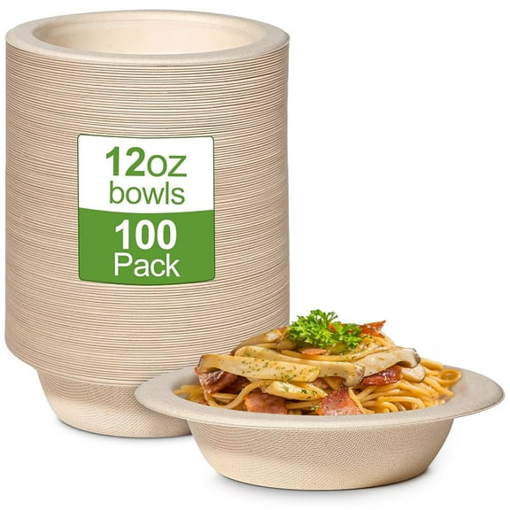 100 Pack 12oz Disposable Paper Bowls,Compostable Bagasse Bowls,Small Biodegradable Heavy-Duty Bowls