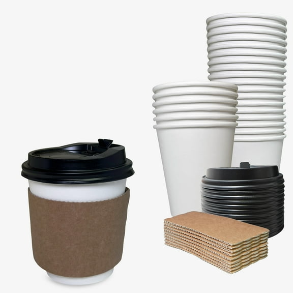 [100 Pack] 12oz Disposable White Paper Coffee Cups with Black Dome Lids and Protective Corrugated Cup Sleeves - Perfect Disposable Travel Mug for Home, Office, Coffee Shop, Travel, Tea
