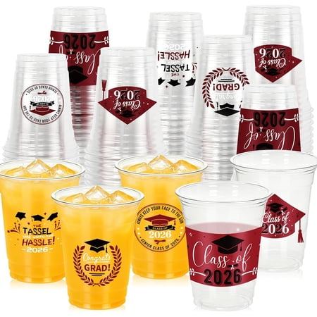 100 Pack 12oz Maroon Graduation Decorations Cups, Class of 2026 Disposable Plastic Cups, Sturdy & Durable Tableware for High School College Grad Party Decorations Supplies