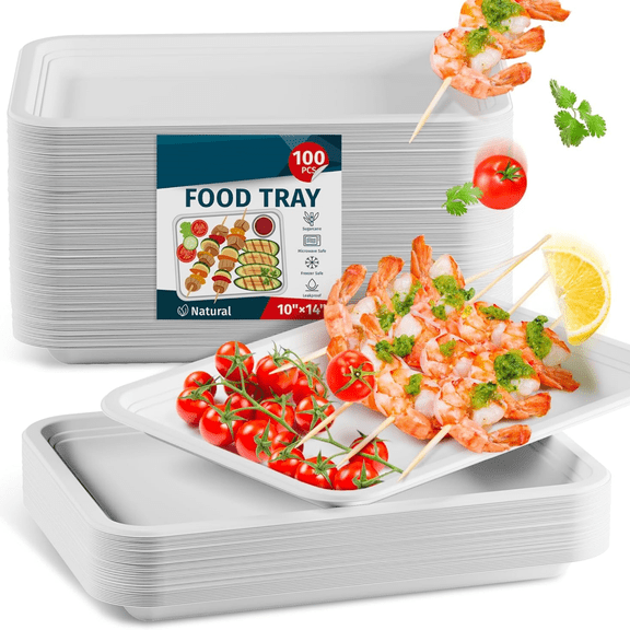 100 Pack 14 Inch Heavy Duty Disposable Food Trays Compostable Large Paper Plates Tray Set Natural Material Biodegradable for Party Serving Crawfish Lobster Crab BBQ Holiday Feast Seafood Supplies