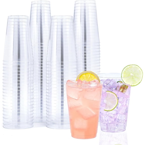 100 Pack 14 oz Clear Disposable Plastic Cups, Clear Plastic Cups Tumblers Cocktail Party Glasses, Elegant Disposable Decoration Cup for Thanksgiving, Wedding