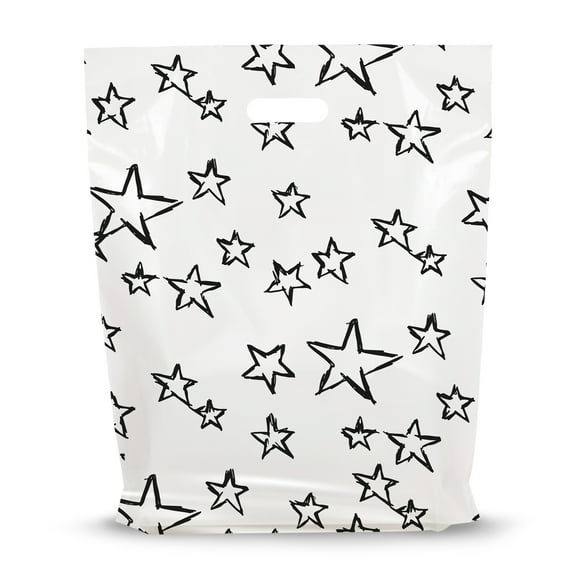 100 Pack of 15X18 Die Cut Merchandise Bags, Plastic Bags for use as Store Bags, Party Bags, Goodie Bag. Souvenir Bags for celebrations. Party Bags for Kids Birthday. Star Bag design by Plamar