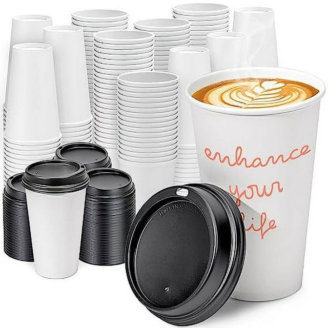 [100 Pack] 16 Oz Disposable Paper Coffee Cups with Black Lids, To Go ...