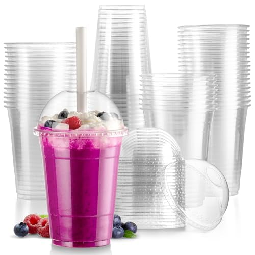 100 Sets] 20 oz Clear Plastic Cups with Lids and Straws