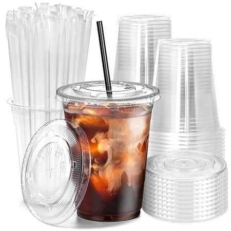 Fit Meal Prep 100 Pack 16 oz Plastic Iced Coffee Cups with Flat Lids and Black Straws, Disposable Clear Cup, BPA Free Cup for Party, Smoothie, Cold Drinks, Juice, Milkshake, Bubble Boba, Tea