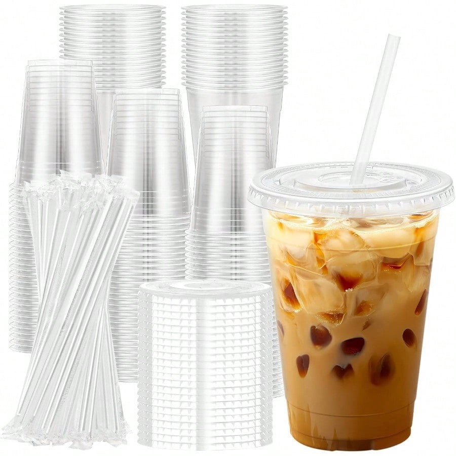 100 Pack 16 oz Clear Plastic Cups with Lids and Straws Disposable ...