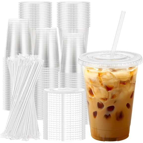 100 Pack 16 oz Clear Plastic Cups with Lids and Straws, Disposable Plastic Coffee Cups with Lids for Iced Coffee, Cold Beverages, Smoothies and To-Go Drinks