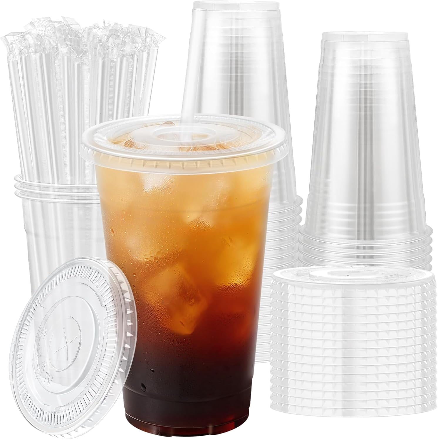 100 Pack 16 oz Clear Plastic Cups with Lids and Straws, Disposable ...