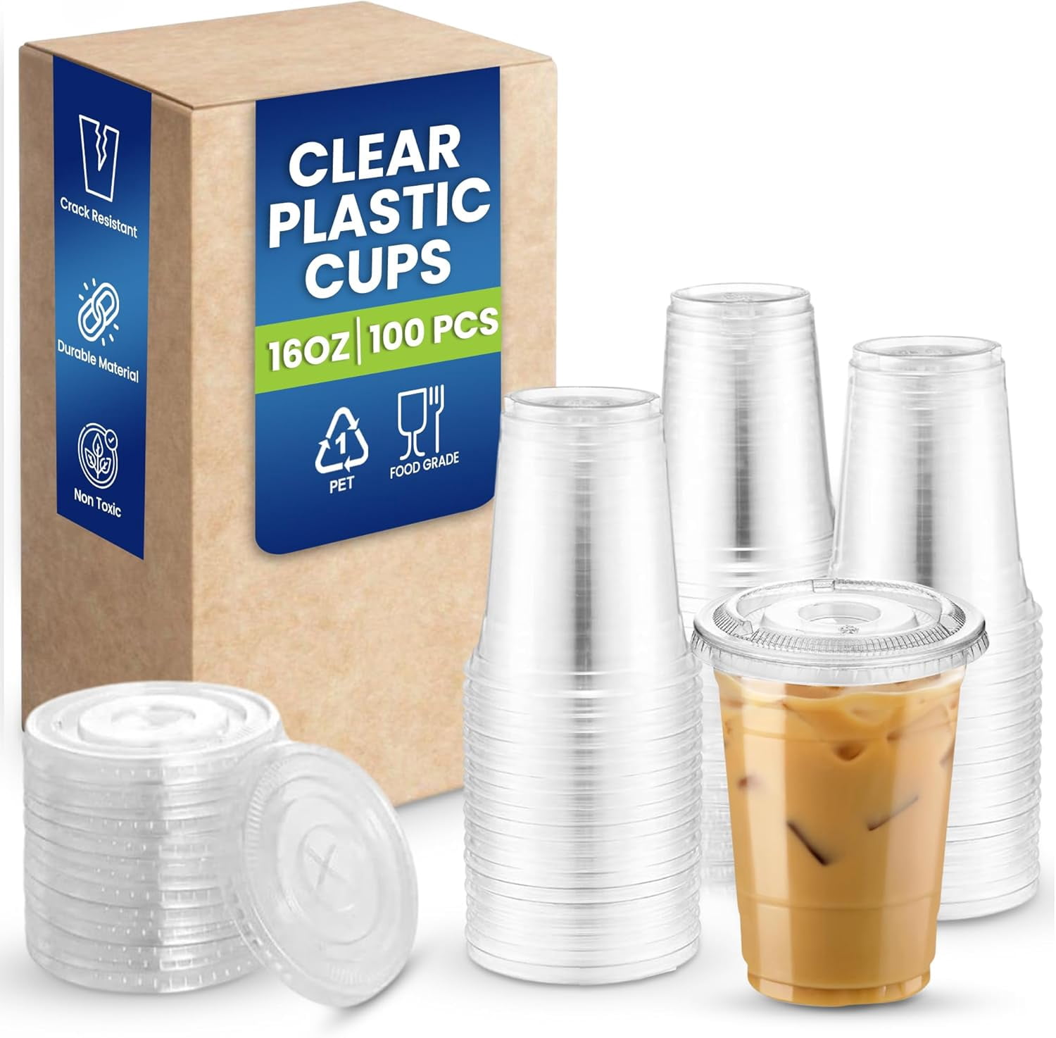 100-Pack 16 oz Clear Plastic Cups with Straw Slot Flat Lids - Sturdy ...