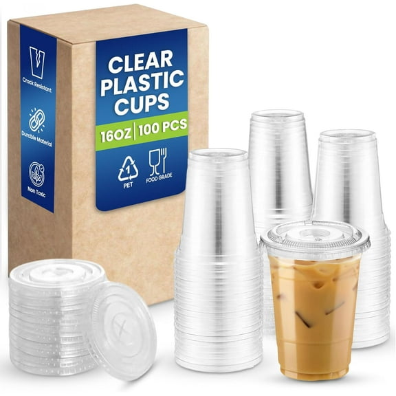 100-Pack 16 oz Clear Plastic Cups with Straw Slot Flat Lids - Sturdy Disposable Cups for Iced Coffee, Smoothies, Cold Beverages, Milkshakes, To-Go Drinks - BPA-Free & Leak-Resistant