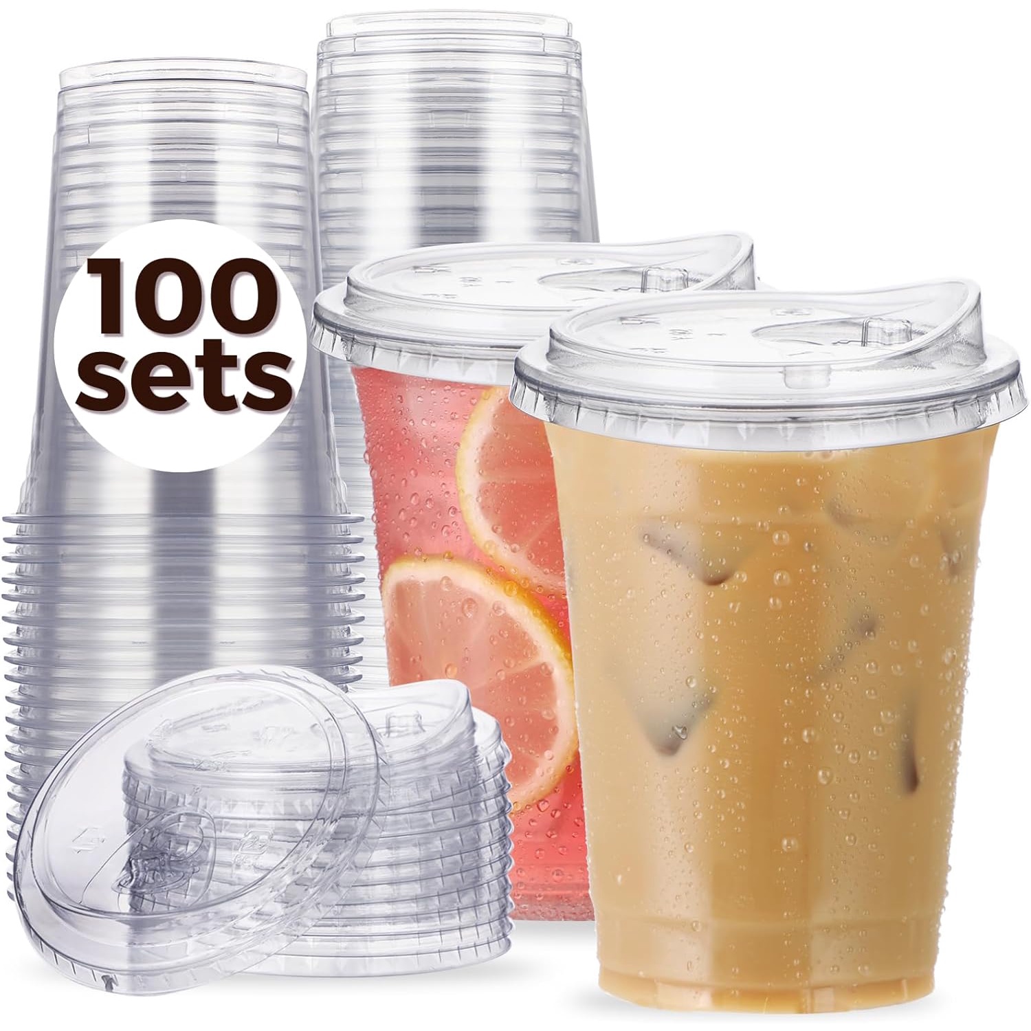 100 Pack 16 oz Clear Plastic Cups with Strawless-Sip-Lids, Disposable ...