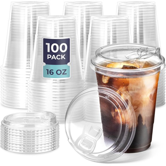 100 Pack 16 oz Clear Plastic Cups With Strawless Sip Lids, Disposable To Go Cups for Iced Coffee, Smoothies, Soda, Party Drinks, Bubble Tea, Cold Beverage