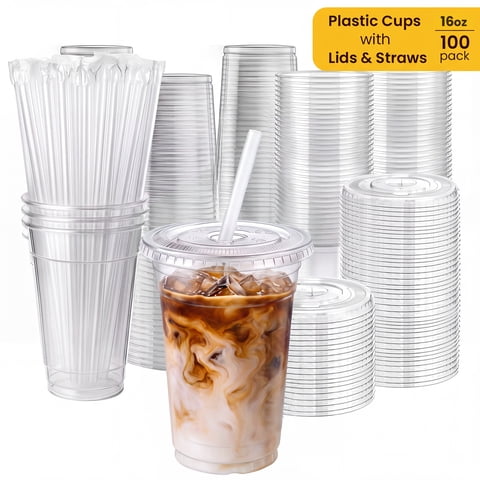100 Pack 16 oz Clear Plastic Cups with Lids and Straws, Disposable Tumblers for Iced Coffee, Smoothies and Cold Drinks
