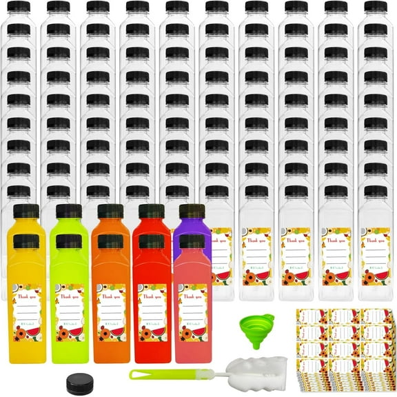 100 Pack 16 oz Clear Reusable Plastic Beverage Bottles with Lids